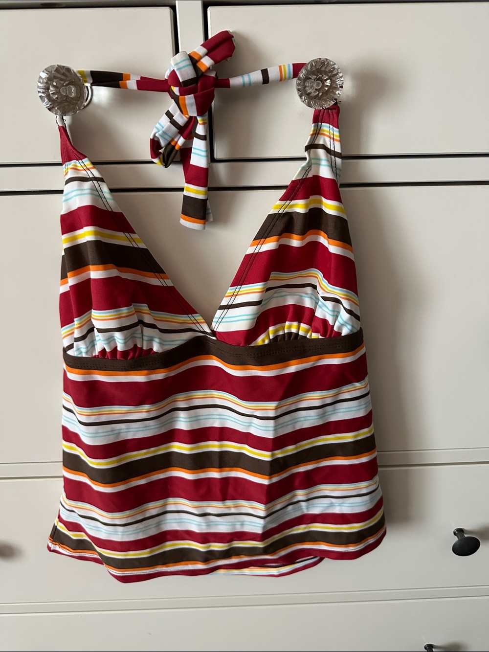 Striped Halter Tankini Top in Burgundy, Brown & White
